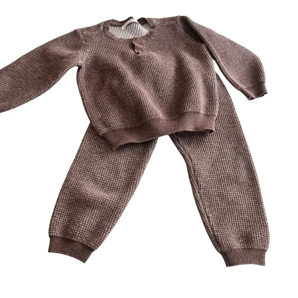 Kidichic boys brown marled waffle sweater knit matching outfit size 18-24 months